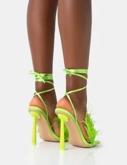 Public Desire Iconic Satin Feather Detail Square Toe High Heels Lime Cheap