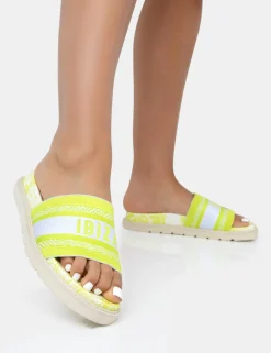 Public Desire Jet Set Embroidered Ibiza Print Slider Sandals Lime Fashion