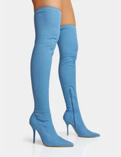 Public Desire Jodie Denim Seam Detail Pointed Toe Stiletto Thigh High Boots Blue Cheap