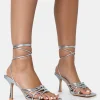 Public Desire Keri Metallic Pu Strappy Lace Up Mid Heels Silver Hot