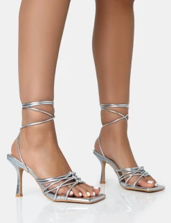 Public Desire Keri Metallic Pu Strappy Lace Up Mid Heels Silver Hot