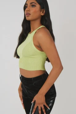 Public Desire Knitted High Neck Racer Crop Top Lime Sale