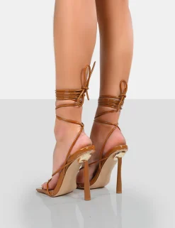 Public Desire Lacey Square Toe Strappy Lace Up Stiletto Heels Caramel Discount