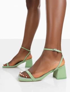 Public Desire Lane Raffia Strappy Mid Block Heeled Sandals Mint Hot