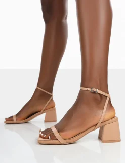 Public Desire Lane Raffia Strappy Mid Block Heeled Sandals Nude Cheap