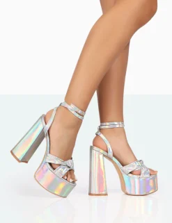 Public Desire Leo Edition Holographic Metallic Platform High Heels Silver Flash Sale
