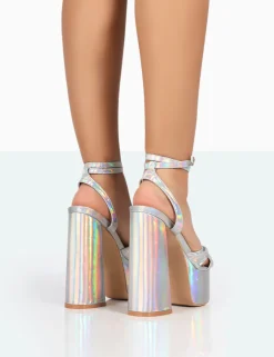 Public Desire Leo Edition Holographic Metallic Platform High Heels Silver Flash Sale