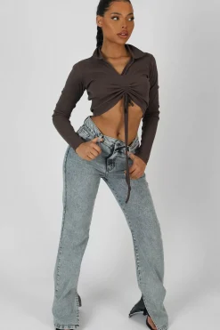 Public Desire Long Sleeve Collar Ruched Top Taupe Cheap