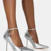 Public Desire Lotty Metallic Padlock Ankle Detail Court Stiletto Heels Silver New