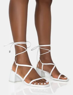 Public Desire Mabel Pu Ankle Tie Mid Block Heeled Sandals White Online