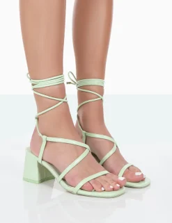 Public Desire Mabel Wide Fit Pu Ankle Tie Mid Block Heeled Sandals Mint Online