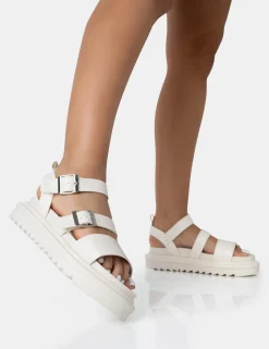 Public Desire Macy Pu Chunky Buckle Strap Sandals Ecru Best Sale