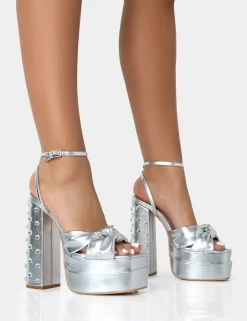 Public Desire Magnum Pu Knot Strap Platform Diamante Block Heels Silver Sale