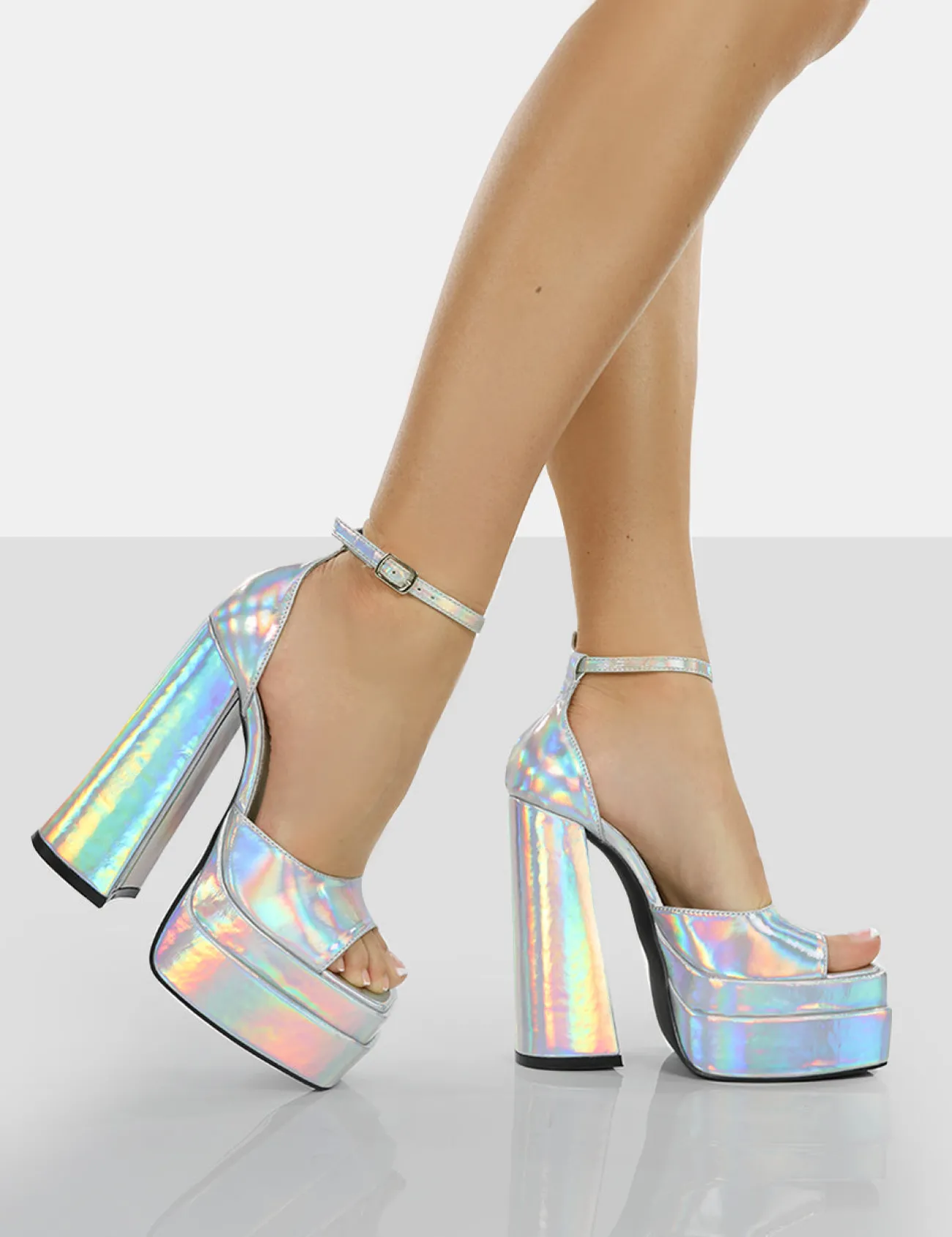 Public Desire Mercy Holographic Strappy Square Toe Platform High Block Heels Silver Flash Sale