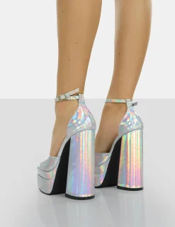 Public Desire Mercy Holographic Strappy Square Toe Platform High Block Heels Silver Flash Sale