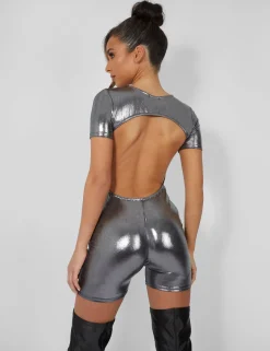 Public Desire Metallic Open Back Detail Short Sleeve Unitard Playsuit Silver New