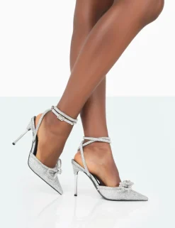 Public Desire Midnight Glitter Wrap Around Diamante Bow Pointed Toe High Heel Silver Clearance
