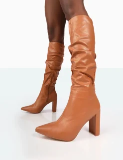 Public Desire Mine Pu Pointed Toe Block Heeled Knee High Boots Caramel Best
