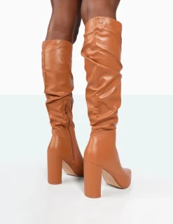 Public Desire Mine Pu Pointed Toe Block Heeled Knee High Boots Caramel Best