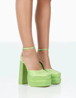Public Desire Moonchild Sparkly Diamante Satin Closed Toe Statement Platform Block Heels Lime Store