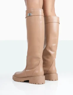 Public Desire More Fun Pu Round Toe Chunky Sole Knee High Boots Caramel Shop