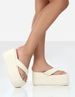 Public Desire Nell Ecru Terry Towelling Platform Wedge Flip Flop Sandals White Cheap