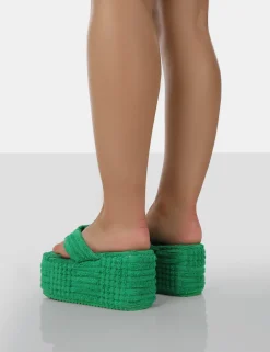 Public Desire Nell Green Terry Towelling Platform Wedge Flip Flop Sandals Cheap