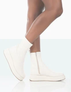 Public Desire Not Okay Pu Chunky Sole Platform Sock Ankle Boots Ecru Cheap