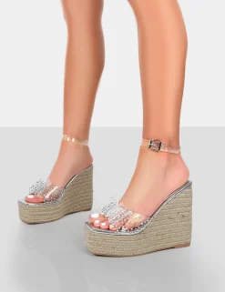 Public Desire Ocean Beach Patent Bow Platform Wedge Heels Silver Sale
