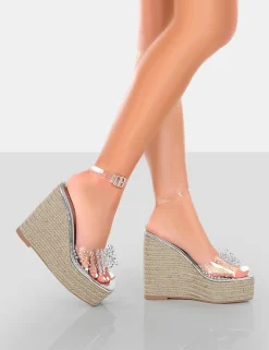 Public Desire Ocean Beach Patent Bow Platform Wedge Heels Silver Sale