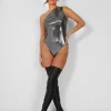 Public Desire One Shoulder Ruched Metallic Bodysuit Silver Fashion