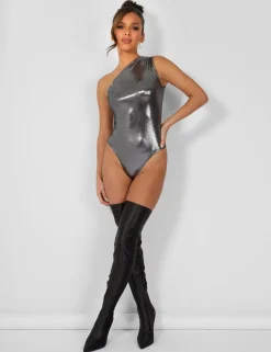 Public Desire One Shoulder Ruched Metallic Bodysuit Silver Fashion