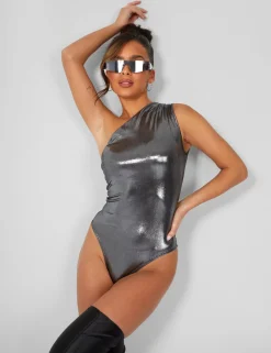 Public Desire One Shoulder Ruched Metallic Bodysuit Silver Fashion