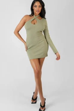 Public Desire One Sleeve Cross Strap Asymmetric Mini Dress Sage Flash Sale