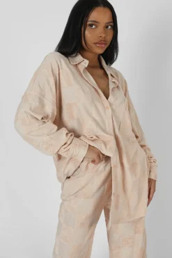 Public Desire Oversized Checkerboard Towelling Shirt Sand Hot