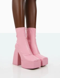 Public Desire Own Thing Wide Fit Pu Chunky Square Toe Platform Heel Block Ankle Boots Pink Online