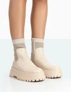 Public Desire Paloma Boucle Knit Platform Chunky Sole Sock Ankle Boots Nude Clearance