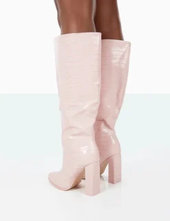 Public Desire Posie Wide Fit Baby Croc Pu Knee High Block Heel Boots Pink Best