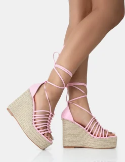 Public Desire Reece Baby Pu Knot Strap Lace Up Raffia Wedge Heels Pink Best