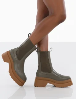 Public Desire Rise Khaki Platform Chunky Rubber Sole Chelsea Boots Green Best