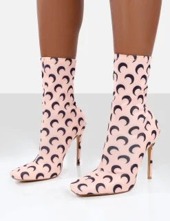 Public Desire Saturn Return Pointed Toe Stiletto Printed Sock Boots Pink Fashion