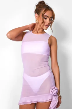 Public Desire Semi-Sheer Asymmetric Ruffle Detail Mini Dress Pink Flash Sale