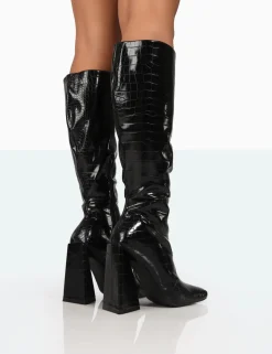 Public Desire Senna Wide Fit Patent Croc Knee High Block Heeled Boots Black Outlet