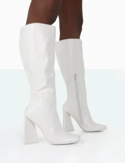 Public Desire Senna Wide Fit Pu Knee High Heeled Boots Ecru Shop