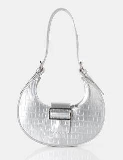 Public Desire Sicily Croc Buckle Feature Hobo Shoulder Bag Silver Online
