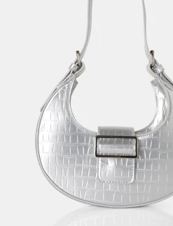 Public Desire Sicily Croc Buckle Feature Hobo Shoulder Bag Silver Online