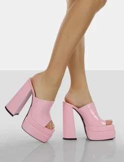 Public Desire Sky High Bubblegum Patent Chunky Platform High Heeled Mules Pink Online
