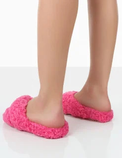 Public Desire Slumber Teddy Cross Over Strap Slippers Pink Shop