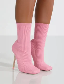 Public Desire Souffle Knit Stiletto Heel Sock Ankle Boot Pink Clearance