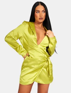 Public Desire Tie Waist Satin Blazer Dress Lime Cheap